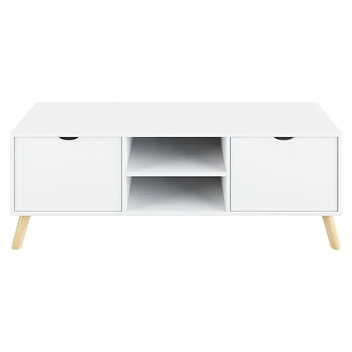 Phönix Scandi Lowboard - L x B x H: 45 x 145 x 51 cm, Weiß - Modernes, weißes TV-Lowboard mit Schubladen und offenen Regalen, ideal für Wohnzimmer. Die Füße sind aus hellem Holz.