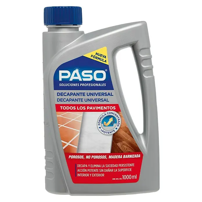 Paso Decapante Universal -  - Imagen de una botella de decapante universal para suelos PASO, apto para diversos tipos de suelo.