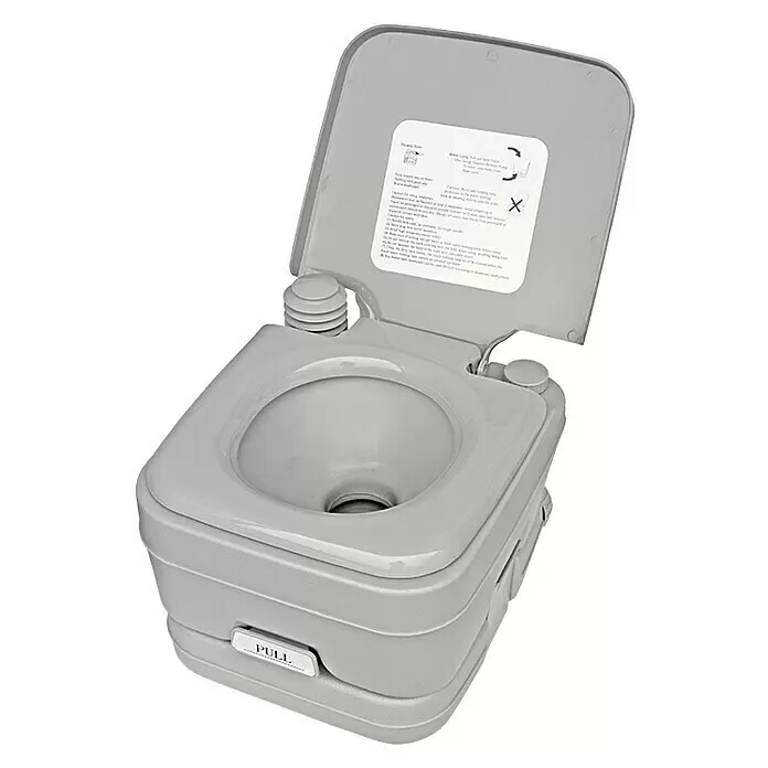 Yachticon Campingtoilette - Fassungsvermögen Abwassertank: 20 l, L x B x H: 41 x 36 x 44 cm, Kunststoff - Graue, tragbare Toilette mit geöffnetem Deckel, der die Schüssel und Anweisungen zeigt. Ein "PULL"-Griff ist sichtbar.