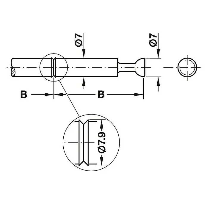Häfele Perno doble - Dimensión de taladrado: 34 mm - Dibujo técnico de un pasador con especificaciones de diámetro y una vista ampliada de una ranura.