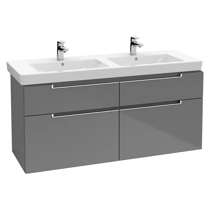 Villeroy & Boch Subway 2.0 Doppelwaschtisch - 130 x 47 cm, Ohne Spezialglasur, Hahnloch: Mitte, Weiß, Anzahl Waschschüsseln: 2 - Ein grauer Doppelwaschtisch mit weißen Waschbecken und Chromarmaturen. Der Unterschrank hat vier Schubladen mit Chromgriffen.