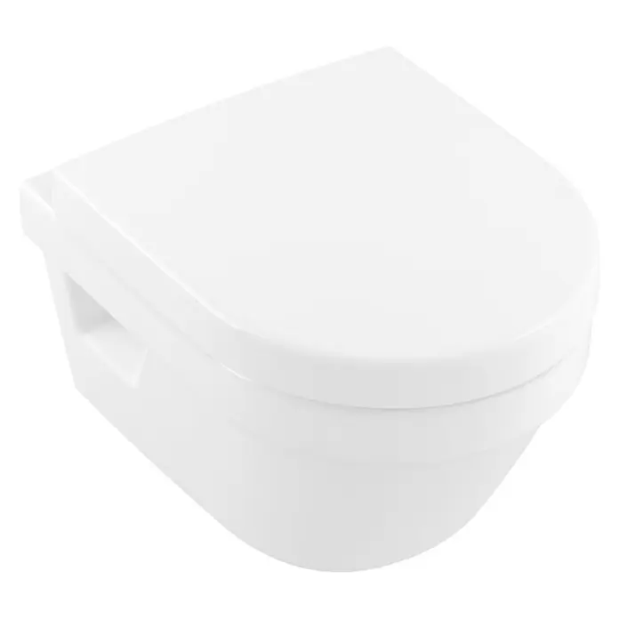 Villeroy & Boch Architectura Wand-WC Compact - Spülrandlos, Mit schmutzabweisender Glasur, Spülform: Tief, WC Abgang: Waagerecht, Weiß - Bild einer wandhängenden weißen Toilette mit abgerundeten Formen. Das Design ist modern und minimalistisch, perfekt für jedes Badezimmer.