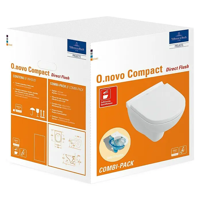 Villeroy & Boch O.novo Wand-WC-Set Compact - Spülrandlos, Mit schmutzabweisender Glasur, Spülform: Tief, WC Abgang: Waagerecht, Weiß - Verpackung der Villeroy & Boch O.novo Compact Direct Flush Toilette. Wandhängendes WC-Set mit spülrandloser Technologie für mehr Hygiene.