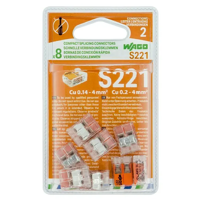 Wago Bloque de terminales Compacto - L x An x Al: 13,1 x 18,6 x 8,3 mm, Metal, 8 ud. - Conectores WAGO S221: Conectores de empalme compactos para conexiones eléctricas rápidas y seguras en instalaciones.