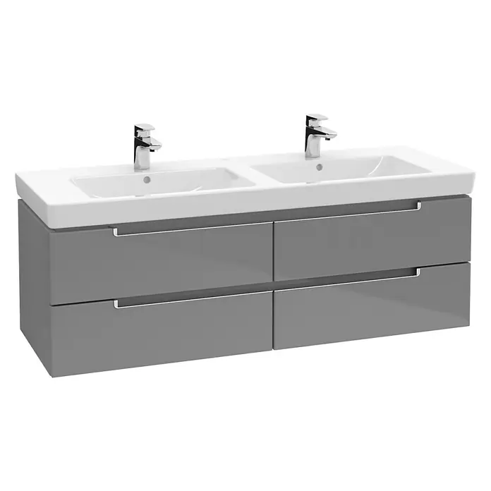 Villeroy & Boch Subway 2.0 Doppelwaschtisch - 130 x 47 cm, Mit schmutzabweisender Glasur, Hahnloch: Mitte, Weiß, Anzahl Waschschüsseln: 2 - Grauer Waschtischunterschrank mit doppelten Waschbecken und Chromarmaturen, ideal für ein modernes Badezimmer.