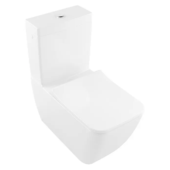 Villeroy & Boch Venticello Spülkasten - Mit schmutzabweisender Glasur, Keramik, 18 x 37,5 x 40 cm - Nahaufnahme einer modernen, weißen Toilette mit minimalistischem Design, die eine saubere und hygienische Ästhetik vermittelt.