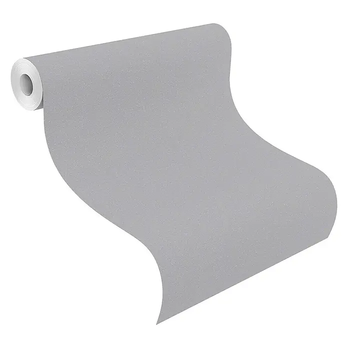 Rasch Vliestapete Flitter - Grau, Uni, 10,05 x 0,53 m - Nahaufnahme einer Rolle grauer Tapete mit feiner Textur, die sich abrollt und eine elegante, schlichte Optik bietet.