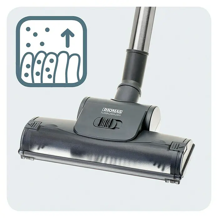 Thomas Staubsauger Cycloon Hybrid Family & Pets - 1.400 W, Behältervolumen: 2,1 l, Beutellos - Nahaufnahme einer THOMAS Turbobürste für Staubsauger, ideal für Tierhaare und tiefenreine Reinigung.