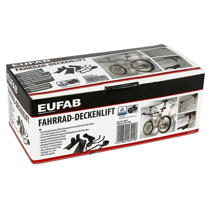 Eufab Fahrrad-Deckenlift - Geeignet für: 1 Fahrrad, Max. Ladegewicht: 20 kg - Produktverpackung für EUFAB Fahrrad-Deckenlift, zur platzsparenden Aufbewahrung von Fahrrädern an der Decke, mit Montagezubehör.