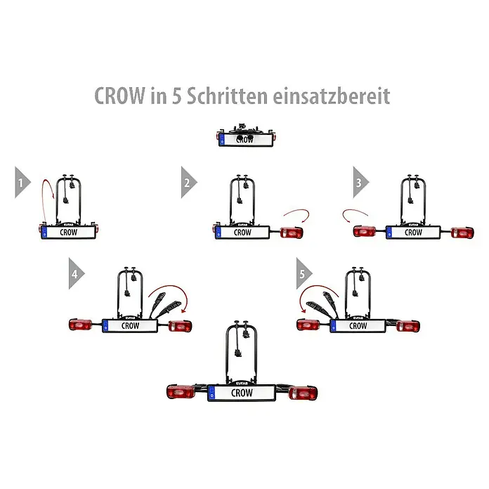 Eufab Fahrradträger Crow - Geeignet für: 2 Fahrräder, Max. Ladegewicht: 50 kg, Passend für: Fahrzeuge mit Anhängerkupplung - Montageanleitung für den Eufab Crow Fahrradträger, die in 5 Schritten die Montage zeigt.