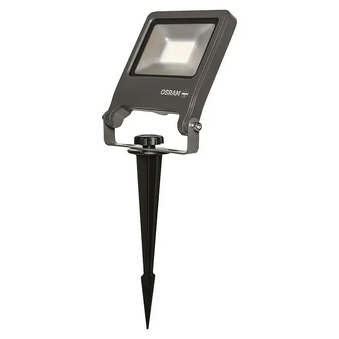Ledvance LED-Gartenstrahler Endura Floodspike - 20 W, 1.700 lm, 3.000 K, 4,4 x 13,3 x 32,3 cm, IP65 - Bild einer grauen OSRAM Gartenleuchte mit Erdspieß für den Außenbereich. Ideal zur Beleuchtung von Gärten und Wegen.