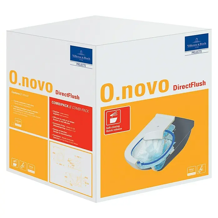 Villeroy & Boch O.novo Wand-WC-Set - Spülrandlos, Mit schmutzabweisender Glasur, Spülform: Tief, WC Abgang: Waagerecht, Weiß - O.novo DirectFlush Kombipack von Villeroy & Boch mit Soft Closing. Effizientes und hygienisches WC-Set für moderne Badezimmer.