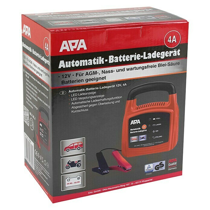 APA Batterie-Ladegerät mit Kabelaufroller (Ladestrom: 4 A,  AGM-/Gel-/Nass-/Blei-Säure-Batterien 6/12 V)