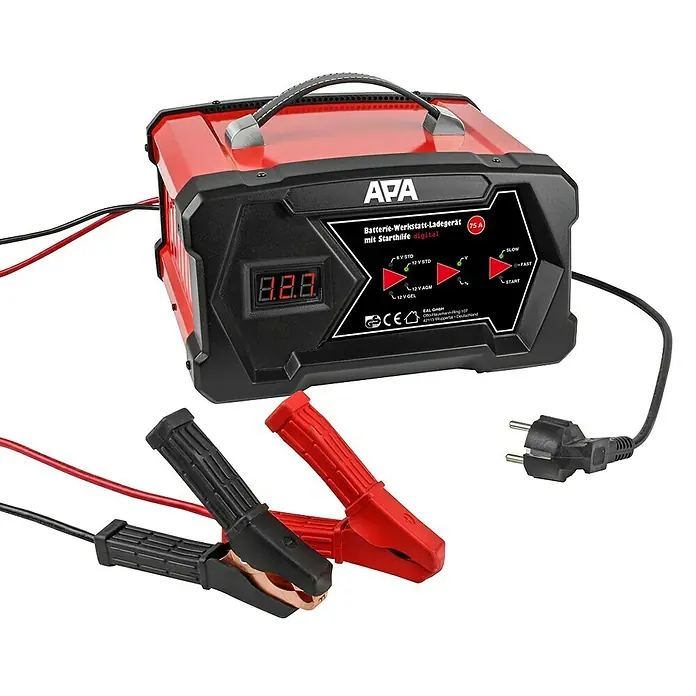 APA Cargador para el taller - Corriente de carga: 2 A - 12 A - Cargador de batería rojo APA con arranque digital, ideal para talleres y uso particular.