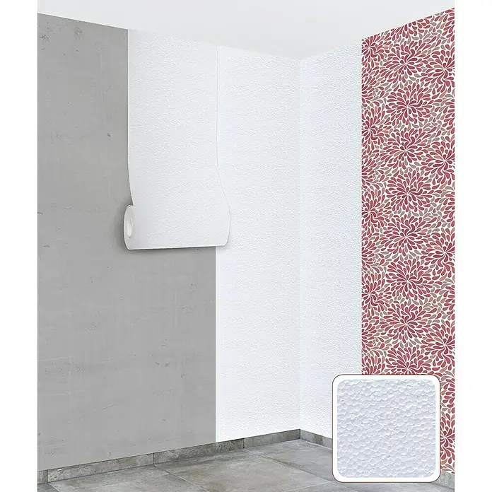 DämmtapeteKaschierung: Ohne, Max. Anwendungsfläche: 5 m², Höhe: 0,4 cm - Ein Bild von einer Rolle Rauhfasertapete vor einer Wand, die verschiedene Oberflächen und Muster aufweist.