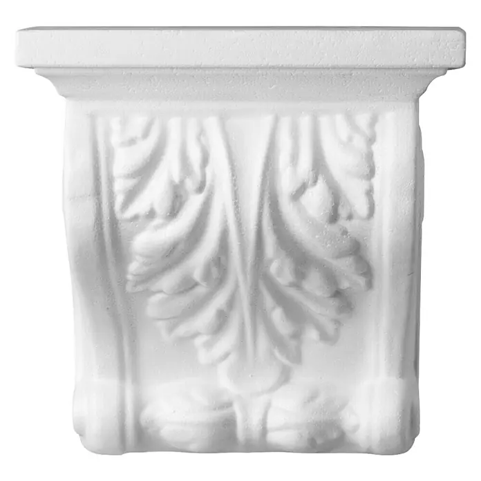 Dekoelement Melina - 19,5 x 20 cm, Expandiertes Polystyrol (EPS), Weiß - Nahaufnahme einer weißen dekorativen Stuckkonsole mit einem Blattmuster, die traditionelle Eleganz und architektonische Details zeigt.