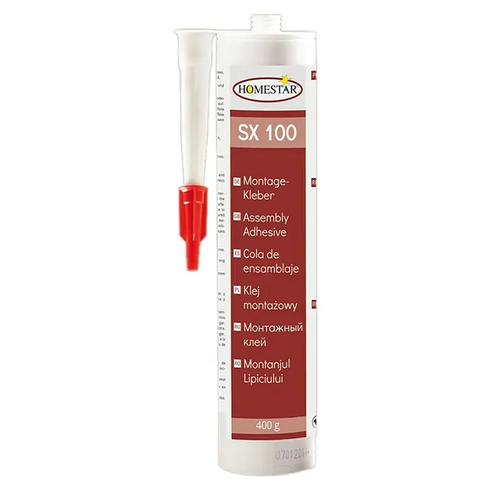 Montagekleber SX 100 - 400 g - Homestar SX 100 Montagekleber: Ein leistungsstarker Kleber für vielfältige Anwendungen im Haushalt und Handwerk, ideal für schnelle und dauerhafte Verbindungen.