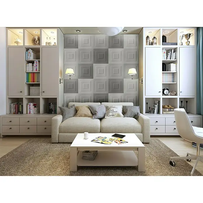 Rosette Heike - Expandiertes Polystyrol (EPS), Modern, Weiß - Modernes Wohnzimmer mit Bücherregalen, Sofa und einem stilvollen Couchtisch. Das quadratische Tapetenmuster verleiht dem Raum eine besondere Note.