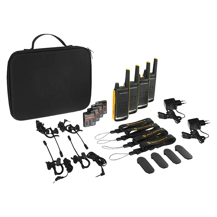 Motorola Solutions Walkie-Talkie Talkabout T82 Quad - Gelb/Schwarz, Wetterbeständig - Motorola Funkausrüstung mit vier Funkgeräten, Headsets, Ladegeräten und Tragekoffer für den professionellen Einsatz.