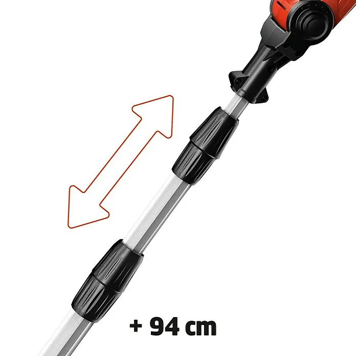 Einhell Power X-Change 18V Akku-Multifunktionswerkzeug GE-HC 18 Li T Kit - 18 V, Li-Ionen, 3 Ah, 1 Akku, Schnittlänge: 40 cm - Nahaufnahme der Teleskopstange eines Gartengeräts, die eine Verlängerung um 94 cm ermöglicht, ideal für schwer erreichbare Stellen.