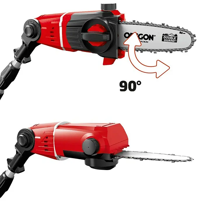 Einhell Power X-Change 18V Akku-Multifunktionswerkzeug GE-HC 18 Li T Kit - 18 V, Li-Ionen, 3 Ah, 1 Akku, Schnittlänge: 40 cm - Abbildung einer ausziehbaren Hochentaster-Kettensäge, die eine 90-Grad-Drehung des Sägekopfes demonstriert, was ihre Vielseitigkeit hervorhebt.