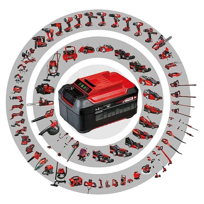 Einhell PXC 18V Multiherramienta de batería Varrito - 18 V, Sin batería - La imagen muestra la batería Einhell Power X-Change con varias herramientas compatibles con este sistema de batería.