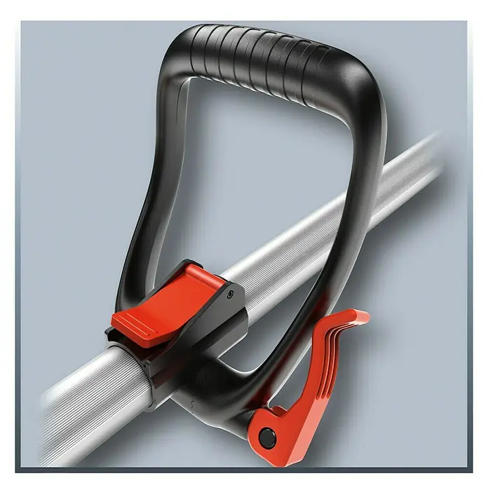 Einhell PXC 18V Podadora telescópica de batería GE-LC 18 Li T-Solo - 18 V, Iones de litio, Sin batería, Longitud de corte: 17 cm - Vista detallada del limpiador de juntas inalámbrico Einhell GE-CC 18 Li, destacando el interruptor rojo y el mango negro montados en una varilla plateada.