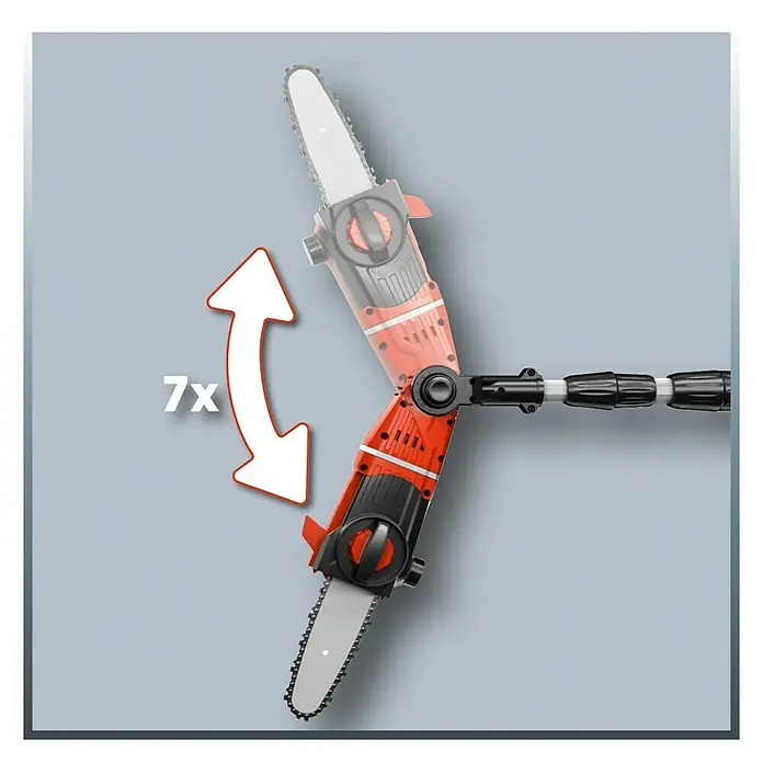 Einhell PXC 18V Podadora telescópica de batería GE-LC 18 Li T-Solo - 18 V, Iones de litio, Sin batería, Longitud de corte: 17 cm - Imagen de una motosierra de pértiga a batería Einhell con un cabezal de corte ajustable que se puede colocar en siete posiciones diferentes.