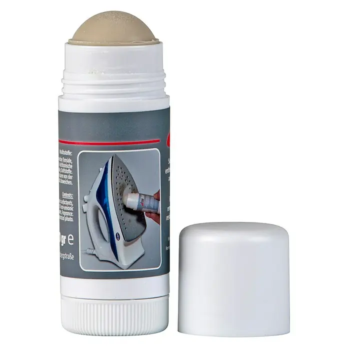 Bügeleisen-Reinigungsstift - 50 g - Abgebildet ist ein Bügeleisen-Reinigerstift mit abgenommener Kappe, der zur Reinigung von Bügeleisen verwendet wird.