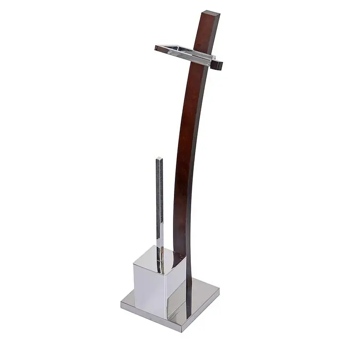 Bath Stage Escobillero de suelo con portarrollos B-477 - Wengué, Cromo - Elegante diseño de mayordomo de moda masculina. Ideal para guardar trajes y accesorios con elementos de madera y metal para un toque moderno.