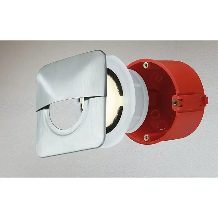 Paulmann Special Line LED-Einbauleuchte - 1,4 W, Weiß, Warmweiß, IP65 - Das Bild zeigt eine runde Unterputzdose in Rot mit einem Klappdeckel in Silber und einem Dichtungsring. Ideal für Elektroinstallationen.