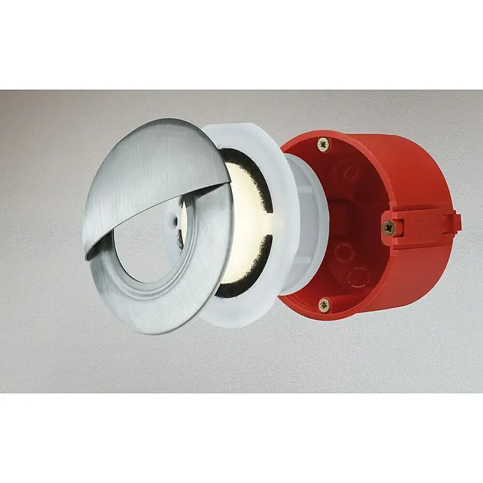 Paulmann Special Line LED-Einbauleuchte - 1,4 W, Weiß, Warmweiß, IP65 - Nahaufnahme einer runden Treppenhausleuchte mit gebürsteter Metallabdeckung und roter Gehäusebox, die ein modernes Design zeigt.