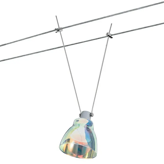 Paulmann DecoSystems Lampenschirm Wolbi - Durchmesser: 9 cm, Dichroic, Glas, Rund - Moderne Hängelampe mit schimmerndem Lampenschirm, aufgehängt an zwei Stahlseilen, die an einer Deckenbefestigung befestigt sind.