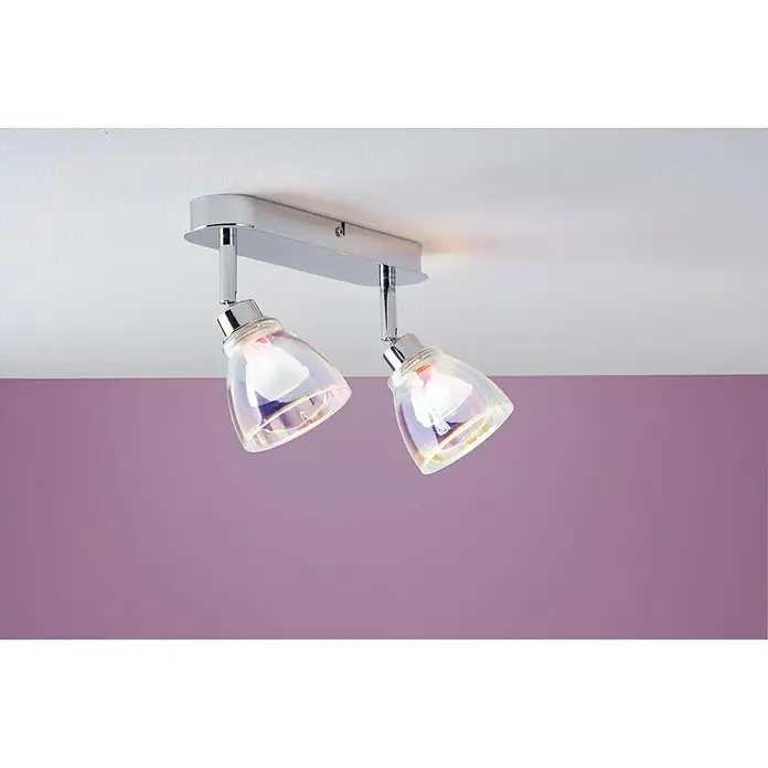 Paulmann DecoSystems Lampenschirm Wolbi - Durchmesser: 9 cm, Dichroic, Glas, Rund - Nahaufnahme einer modernen Chrom-Deckenleuchte mit zwei schillernden Glasschirmen, die ein elegantes Ambiente erzeugt.