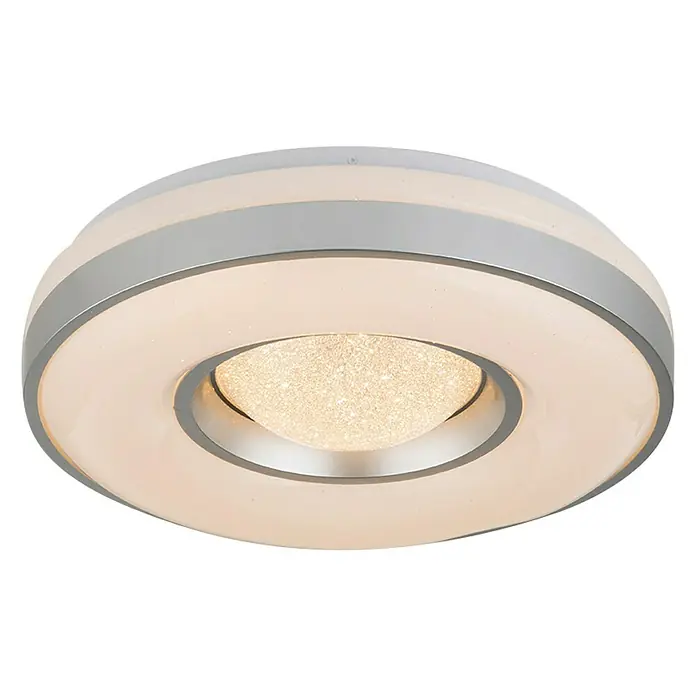 Lavida Plafón LED redondo - 24 W, Ø x Al: 410 mm x 10 cm, Blanco, Blanco cálido - Primer plano de una lámpara de techo redonda con detalles cromados y un difusor central brillante, que muestra un elemento de diseño moderno.
