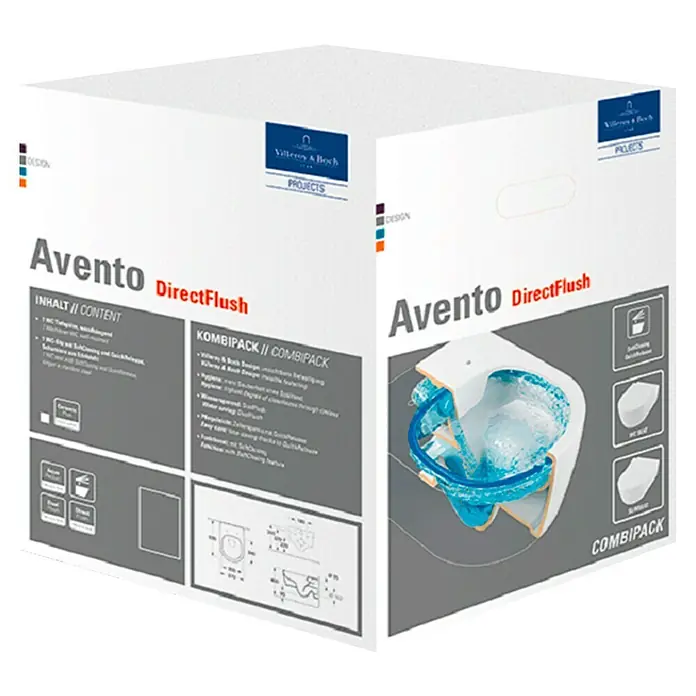Villeroy & Boch Avento Wand-WC-Set II - Spülrandlos, Mit schmutzabweisender Glasur, Spülform: Tief, WC Abgang: Waagerecht, Weiß - Verpackung der Avento DirectFlush Toilette von Villeroy & Boch, ein spülrandloses WC-Set für ein hygienisches Badezimmererlebnis.