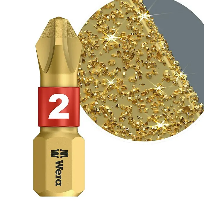 Wera Premium Plus Diamant-Bit 851/1 BDC - PH 1, 25 mm - Nahaufnahme eines Wera Impaktor Bits Nr. 2 mit Diamantbeschichtung für sicheren Halt und längere Lebensdauer. Ideal für Schraubarbeiten.