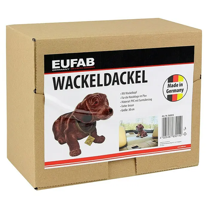 Eufab Wackeldackel - Länge: 30 cm - Eine Verpackung des Eufab Wackeldackel, ein Auto- und Fahrradzubehör, Made in Germany, mit einem braunen, samtüberzogenen Wackelkopf.