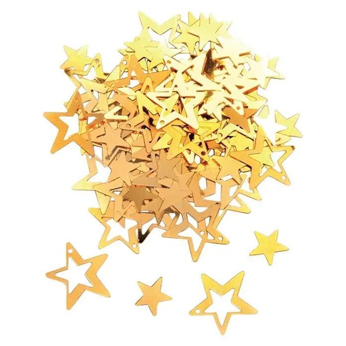 Glorex Hobby Time Deko-Streuteile Sterne - 500 Stk., Kunststoff - Ein Haufen goldener Sterne, einige mit ausgestanzten Mustern, auf einem weißen Hintergrund. Ideal für festliche Dekorationen und Bastelarbeiten.