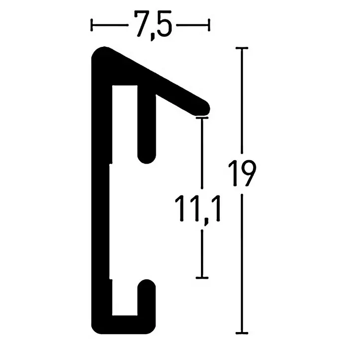 Nielsen Alurahmen Pixel - 60 x 80 cm, Silber - Technische Zeichnung eines schwarzen C-Profils mit Maßangaben in mm, das 7,5 mm breit und 19 mm hoch ist.