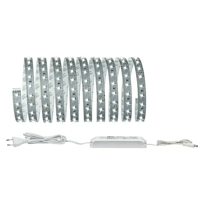 Paulmann MaxLED 500 LED-Band Basisset unbeschichtet - Länge: 3 m, Lichtfarbe: Tageslichtweiß, 17 W, 1.650 lm - LED-Streifen mit Netzteil und Stecker. Das Produkt ist für die Innenbeleuchtung konzipiert und bietet eine flexible Lösung für verschiedene Anwendungen.