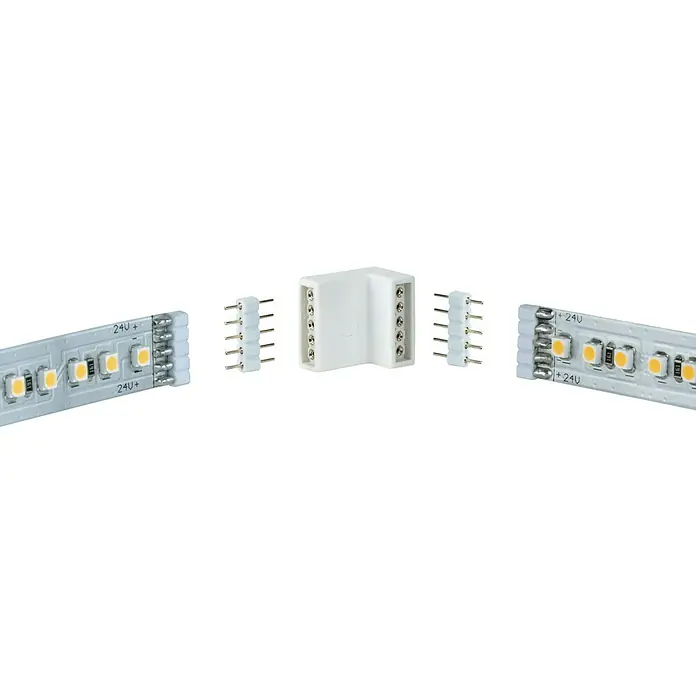 Paulmann MaxLED Eckverbinder Edge-Connector - Kunststoff, L x B x H: 17 x 16 x 12 mm - Ein detailliertes Bild von LED-Streifenverbindern und LED-Streifen, die die einfache Verbindung von Beleuchtungssystemen demonstrieren.