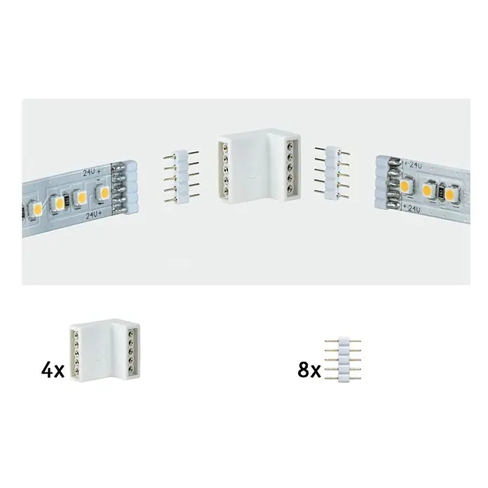 Paulmann MaxLED Eckverbinder Edge-Connector - Kunststoff, L x B x H: 17 x 16 x 12 mm - Produktbild mit LED-Streifen, Steckverbindern und Brückensteckern. Es werden 4 Eckverbinder und 8 gerade Verbinder für LED-Leuchtstreifen gezeigt.