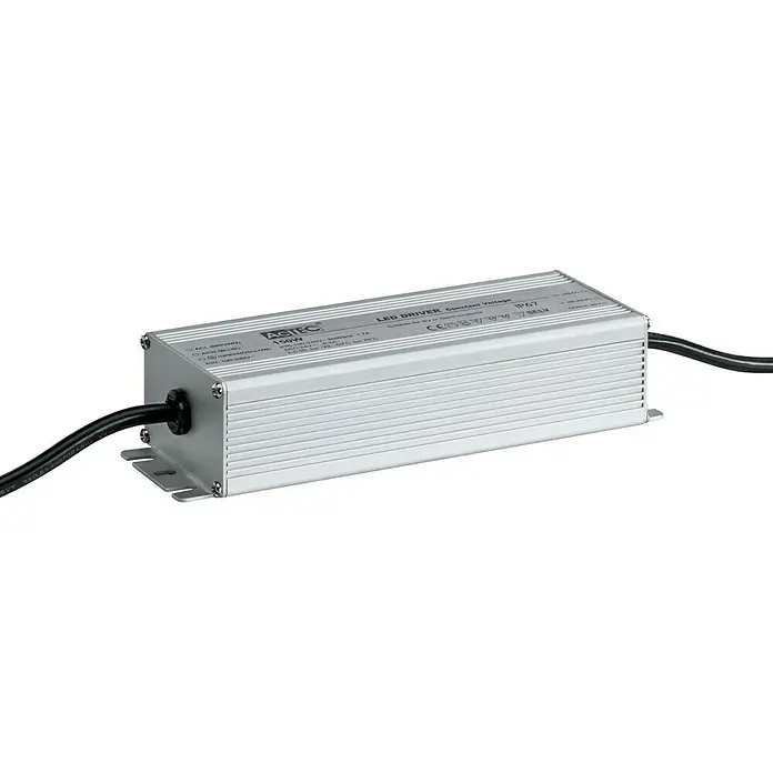 Paulmann Plug & Shine LED-Trafo - Max. Leistung: 150 W, 24 V, Silber, IP67 - Nahaufnahme eines silbernen ASTEC LED-Treibers mit Kabeln, der für konstante Spannung und den Betrieb im Freien geeignet ist.