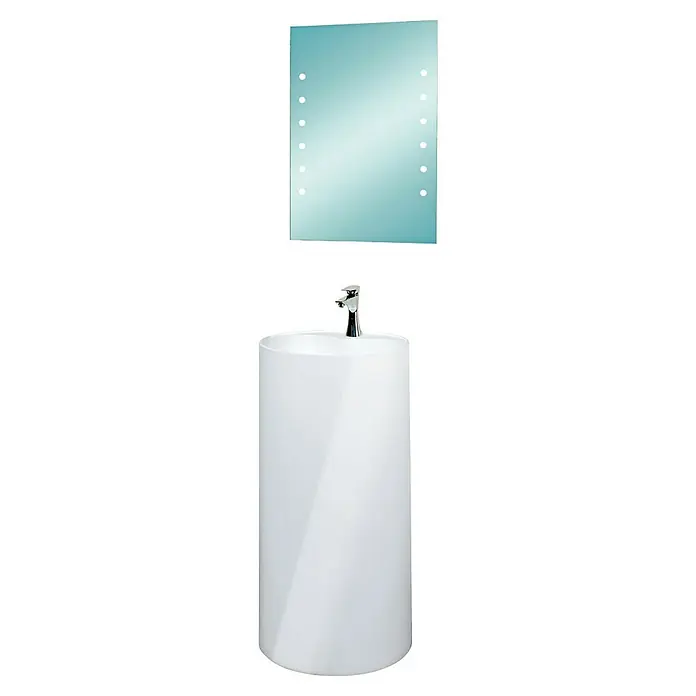Camargue Waschtisch Rondo Minera - Ø x H: 45 x 90 cm, Hahnloch: Mitte, Mit Überlauf, Weiß - Freistehendes Waschbecken mit passendem Spiegel, ideal für moderne Badezimmer. Das schlanke Design verleiht jedem Raum einen Hauch von Eleganz.