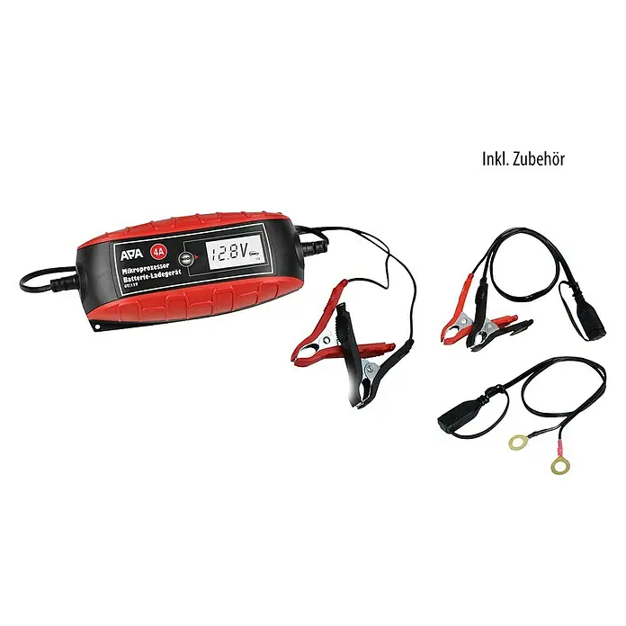 APA Batterie-Ladegerät - Ladestrom: 4 A, Geeignet für: AGM-/Gel-/Nass-/Blei-Säure-Batterien 6/12 V - Bild eines AVA 4A Mikroprozessor-Batterieladegeräts mit Krokodilklemmen und Ringösenkabel, ideal zum Aufladen von Autobatterien.