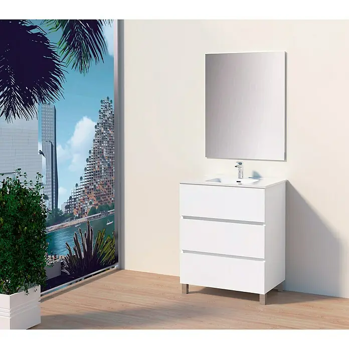 Artysan Conjunto de mueble de baño Berta - Blanco, Mate, 3 pzs. - Un tocador de baño moderno blanco con tres cajones y un espejo a juego para un diseño de baño elegante.