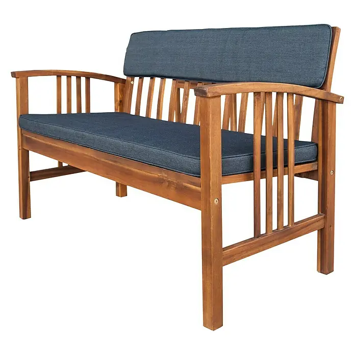 Sunfun Loungemöbel-Set Diana - 4 -tlg., Akazie, Naturbraun/Grau - Diese stilvolle Gartenbank aus Holz mit bequemen grauen Kissen bietet Platz zum Entspannen im Freien.