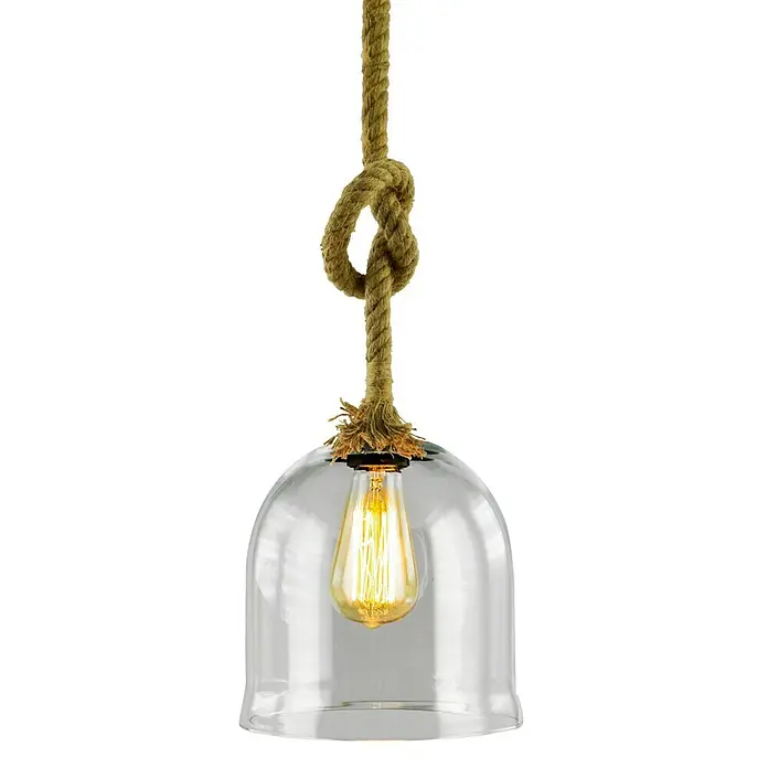 Lámpara colgante redonda Liperpool - 40 W, Ø x Al: 30 x 27 cm, Marrón, E27 - Elegante lámpara colgante con pantalla de cristal transparente y cuerda decorativa, aportando un toque náutico.