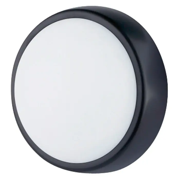 Luceco Aplique exterior LED Mini Circular - 5,5 W, 16 x 7 x 16 cm, Negro, Blanco, IP54 - Lámpara de techo redonda con marco negro y área de luz blanca para una iluminación interior moderna.
